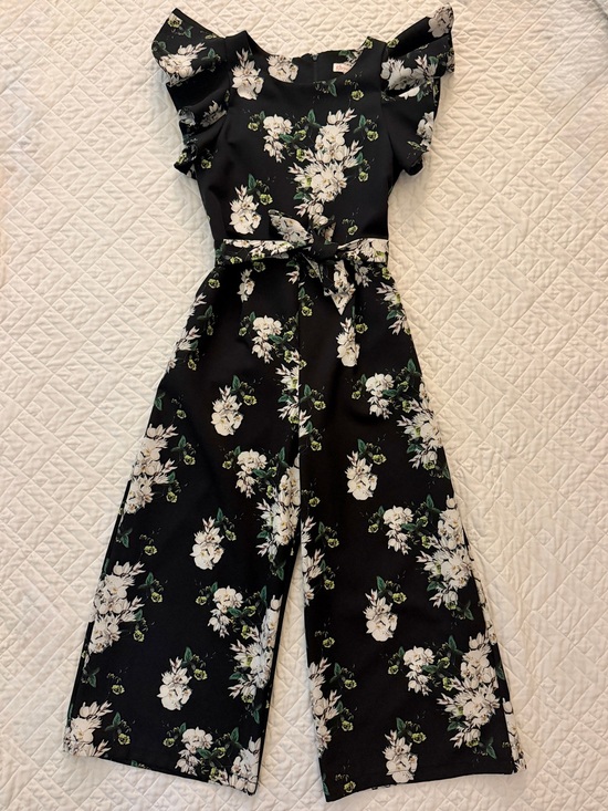 Gianni Bini Other - GB Girls Black Floral Tie Waist Ruffle Sleeve Wide Leg Jumpsuit 12 EUC